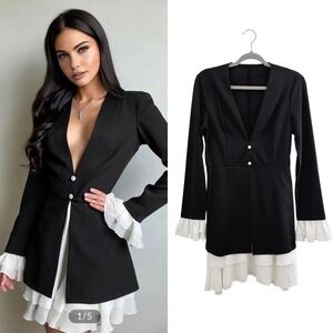 NWT Commense Black Blazer Dress Ruffle Hem Academia Preppy Small S